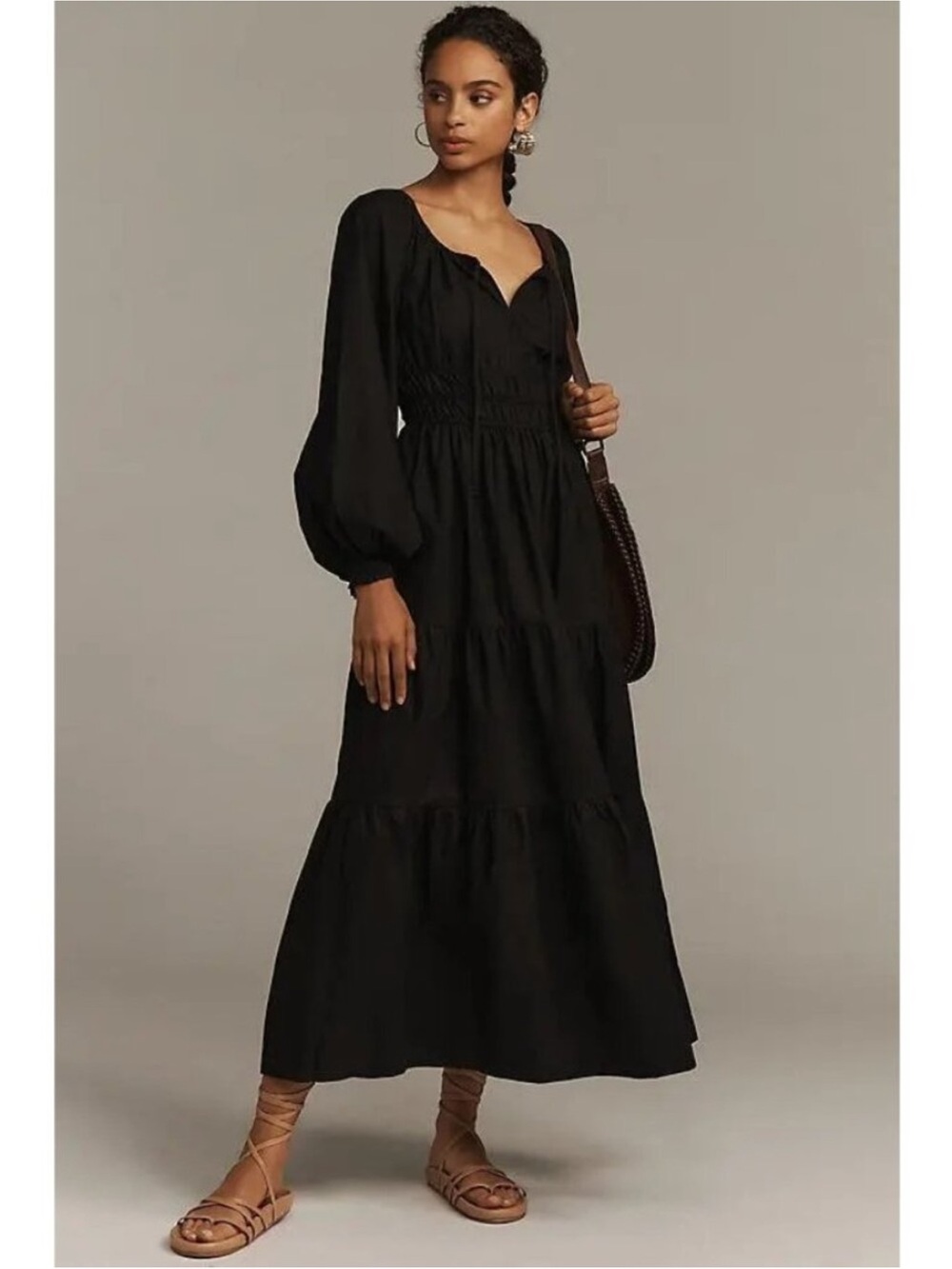 NWOT Anthropologie Somerset Black Tiered Maxi Dress with Long Puff Sleeves XL